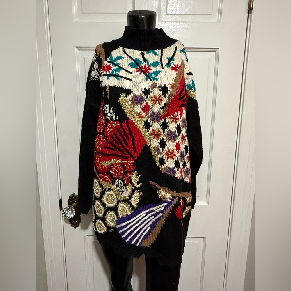 Vintage Thick Sweater Womens Art Geometric Long Sleeve Size Medium Multicolor